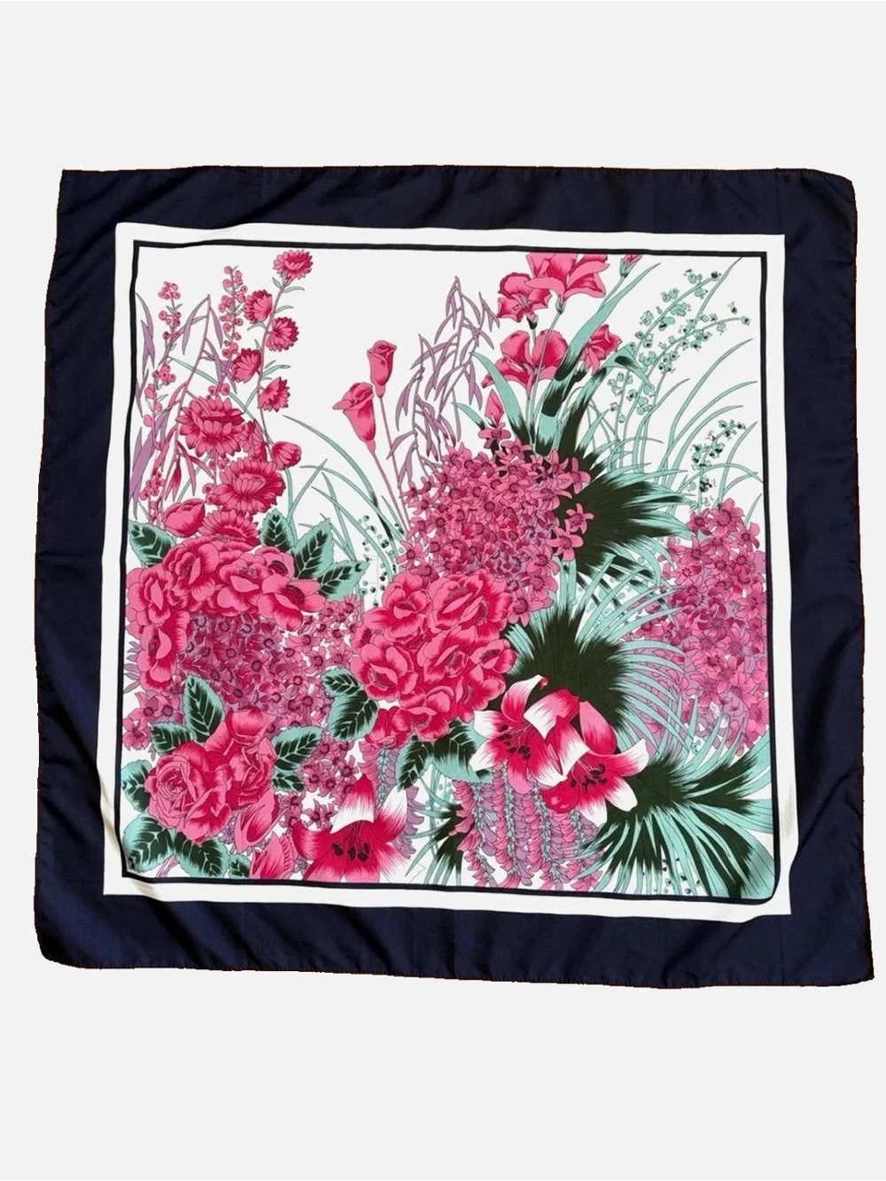 Floral Square Scarf Pink Navy Botanical 27 x 27 Rose Hydrangea Lily